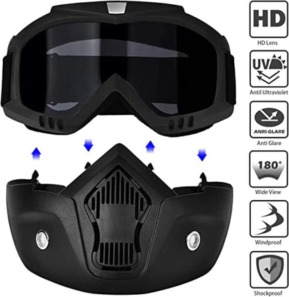 Goggle Mask Anti Scratch UV Protective Open Face & Eyewear Windproof Dirt Shield Adjustable Strap Soft Foam Padded Detachable